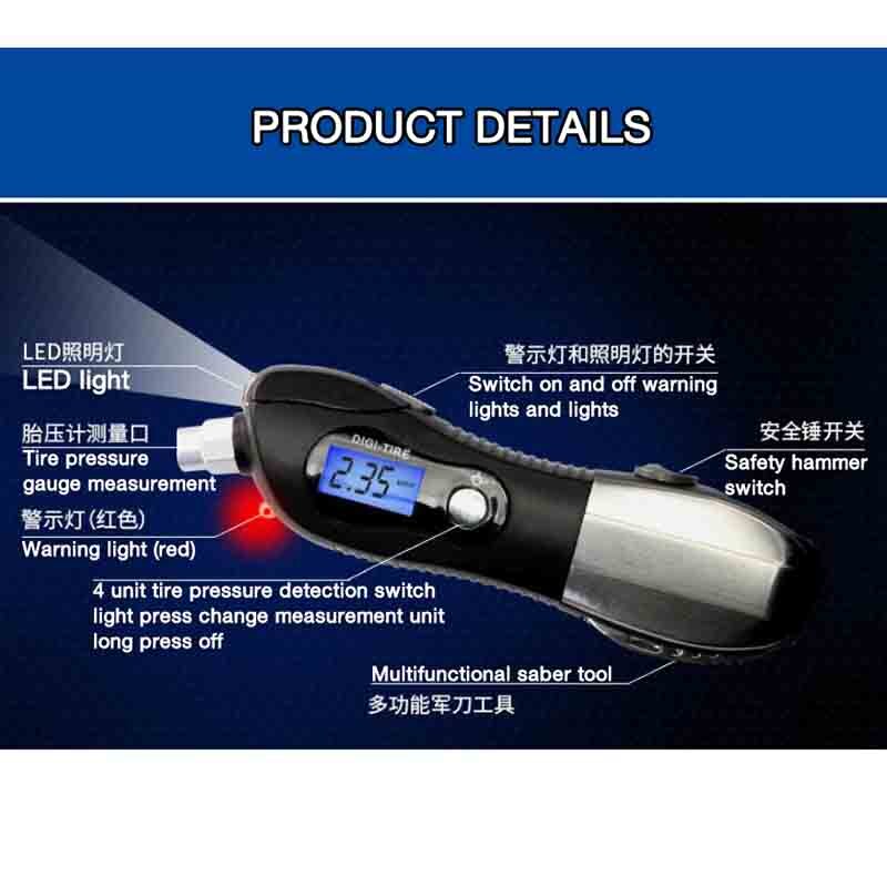 9 in 1 multifunctional safety hammer car escape tool fire rescue hammer broken window tire pressure gauge