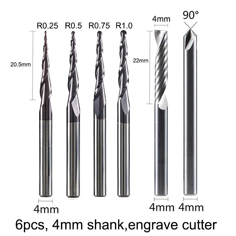 Cnc massiv hårdmetallgraveringsbitar frässkärare träbearbetningssats 3.175mm 6.35mm 6mm skaftfräsar för träsnideri: 4mm set -6 st
