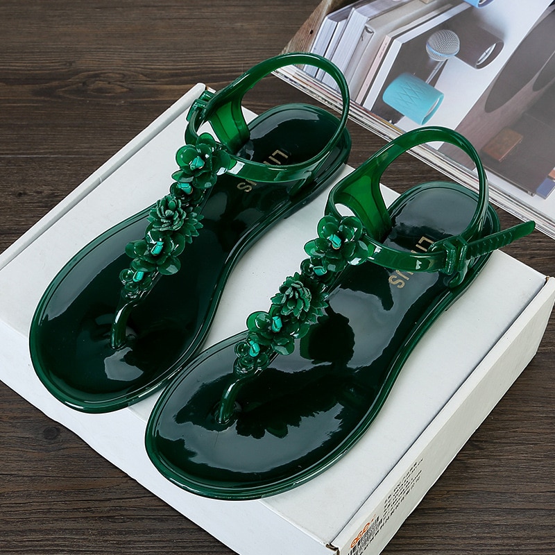SWONCO sandały z pcw buty damskie letnie buty japonki 2020 nowe damskie wakacyjne plażowe sandały kwiatowe obuwie białe sandały: green / 39