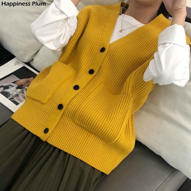 Suéter de punto para mujer, chaleco suave y elástico básico sencillo de uso diario con cuello de pico, liso de punto abierto, ropa de calle femenina, Vintage coreana, combina con todo