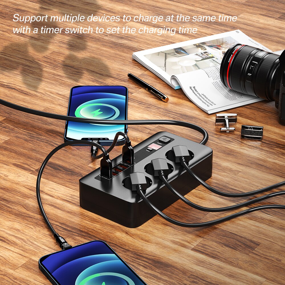 2500W Timer Smart Electrical Socket Power Strip Extension Cable With Switch Home Office Surge Protector 3 AC Outlet with 5 USB