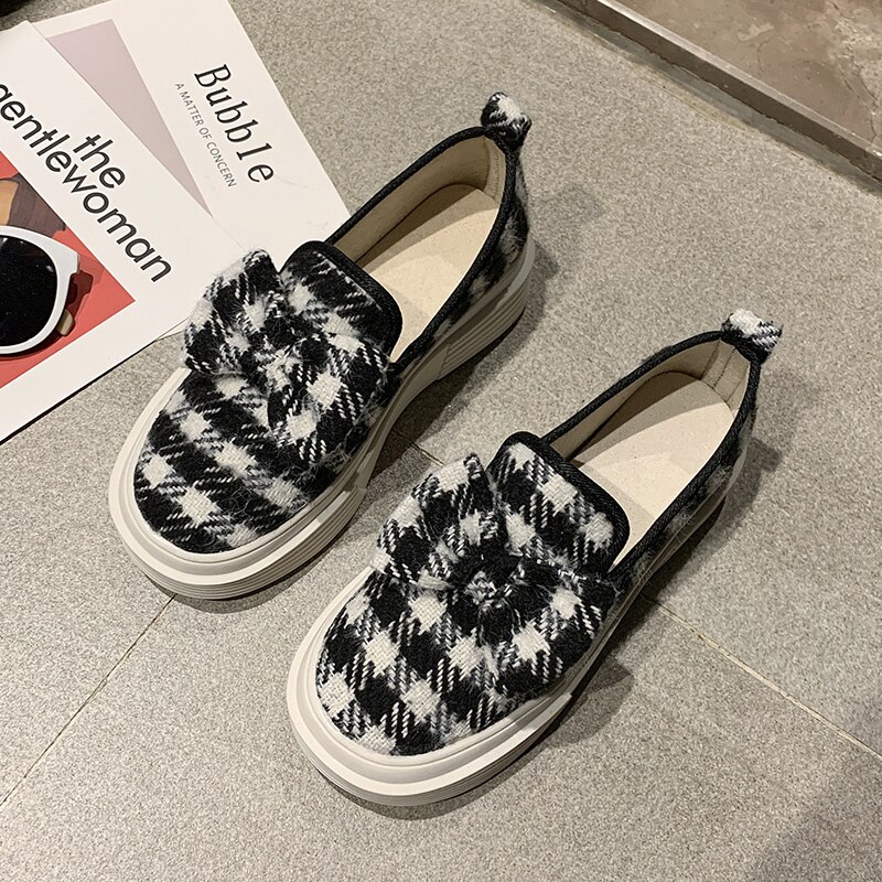 Bow-knot gingham slip on moccasins round toe creepers women shoes casual comfy brief cute loafers all match flats female: Black / 8.5