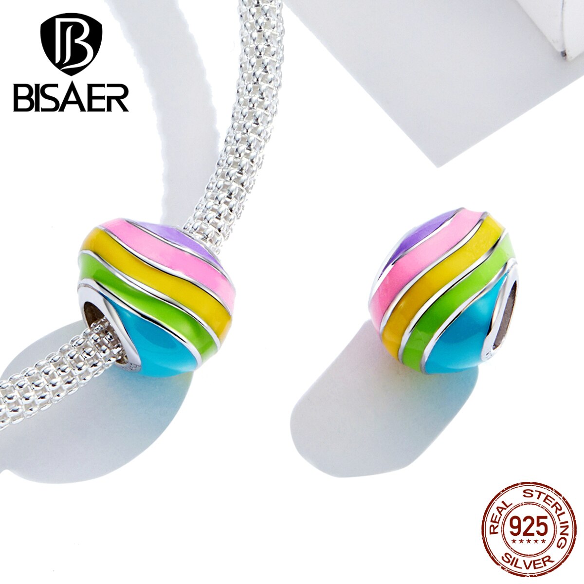 Easter Eggs Beads BISAER 925 Sterling Silver Rainbow Enamel Easter Egg Charms for Bracelets Original Silver 925 Jewelry EFC223