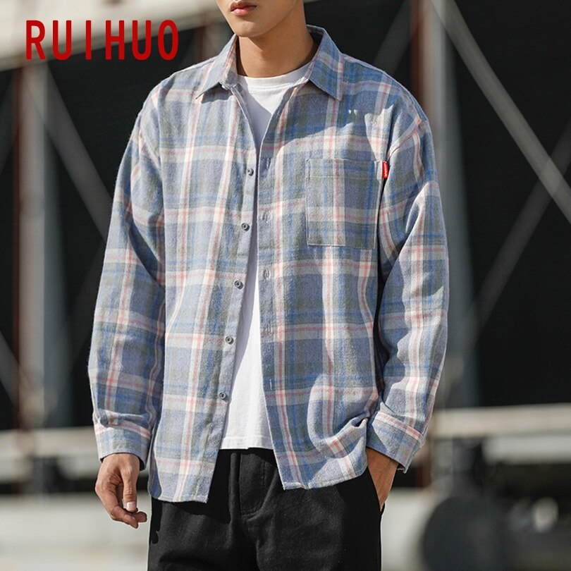 Ruihuo casual rosa rutig skjorta herr slim fit ull herr långärmade skjortor herr märke plus size m -5xl 2022 vår