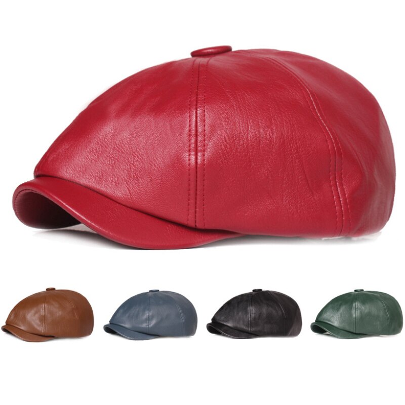 HT3421 Berets Women Spring Autumn PU Leather Hat Female Artist Painter Beret Hat Lady Solid Red Black Grey Octagonal Newsboy Cap