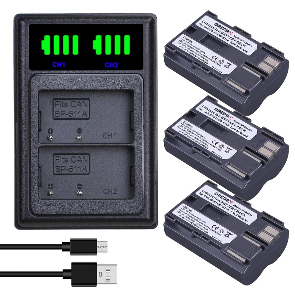2Pcs 2400mAh BP-511 BP-511A BP 511 Battery + LED Dual USB Charger with Type-C port for Canon EOS 40D 300D 5D 20D 30D 50D 10D G6: 3B with Charger