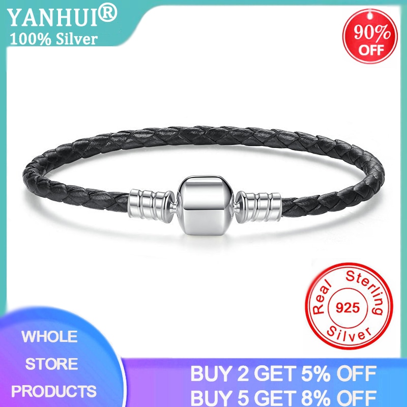 Yanhui 100%  originale 925 solid sølv sort flettet pu læder charme armbånd til kvinder fit diy perler charms smykker  pl01