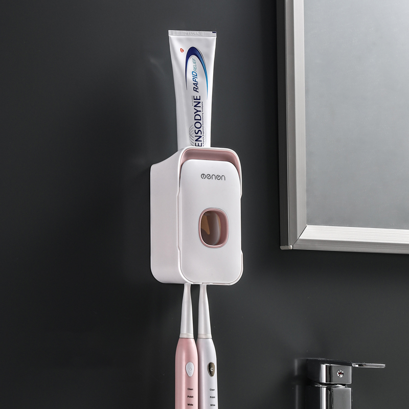 Waterproof Automatic Toothpaste Dispenser Wall Mounted Toothbrush Holder Toothbrush Storage For Toilet Bathroom Accessories Set: Pink