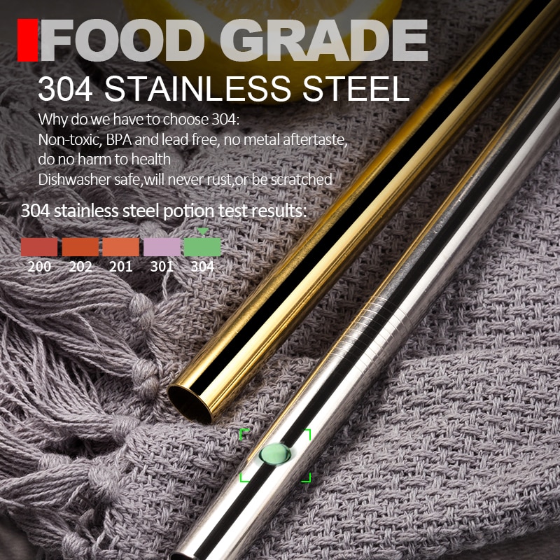 Reusable Metal Drinking Straws 304 Stainless Steel Straw Bent Straight Smoothies Straw with Cleaning Brush Bar Party Accessory