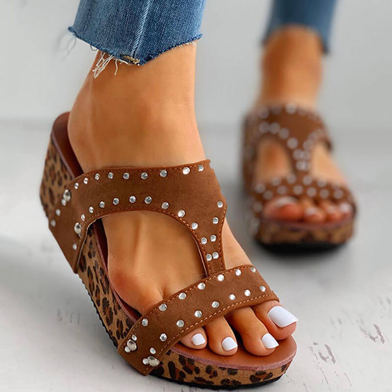 Vrouwen Luipaard Wiggen Sandalen Zomer Slippers Vrouwen Mode Pu Leer Strand Sandalen Schoenen Vrouw Flip Flops: Bruin / 35