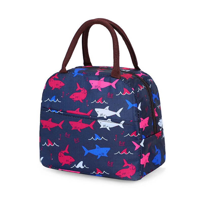 Functional Cute Pattern Lunch Bag Portable Insulated Canvas Cooler Bog Thermal Food Picnic Lunch Bags For Women Kids: Navy Shark