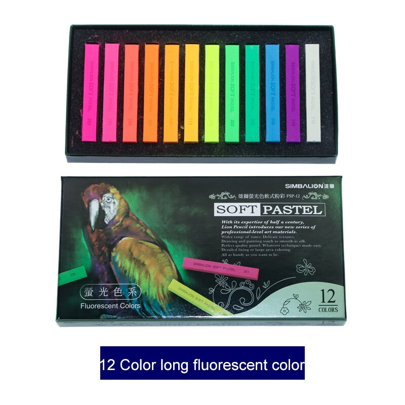 Kunstmaleri blød farve kridt 12/24/48 farver/sæt kunst tegning sæt kridt farve farveblyant pensel papirvarer til studerende: 12 farver fluorescerende
