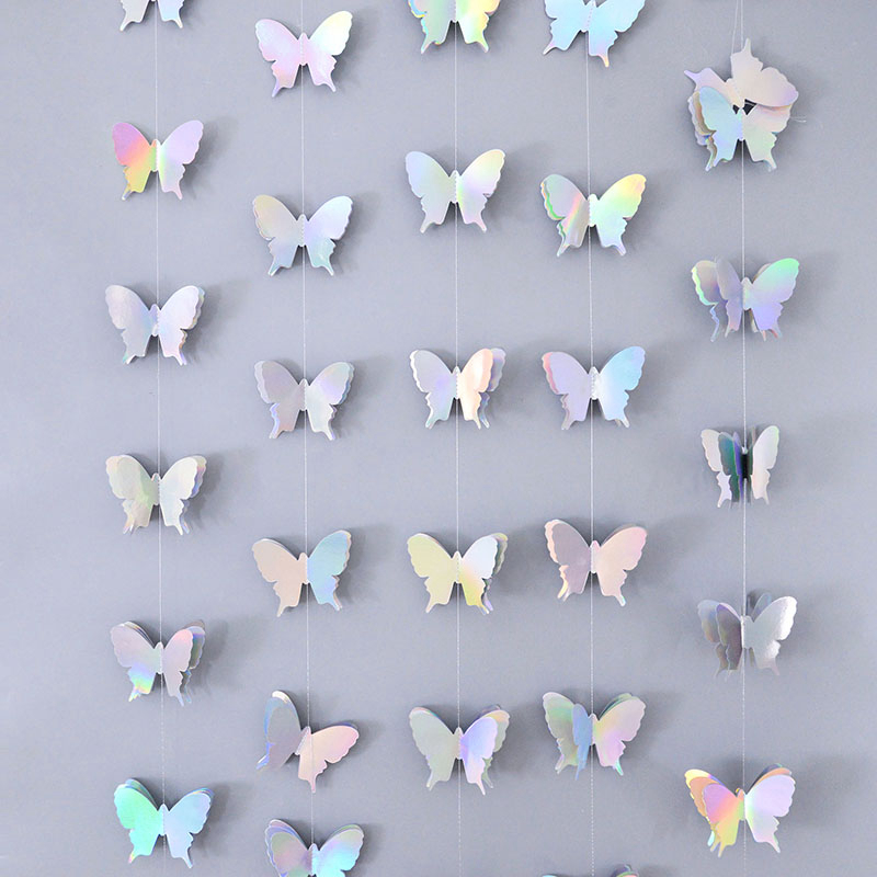 Guirnalda de pancarta de papel de mariposa 3D de 2M, cortinas de bandera colgantes iridiscentes para decoración de fondo de de cumpleaños y boda, Baby Shower