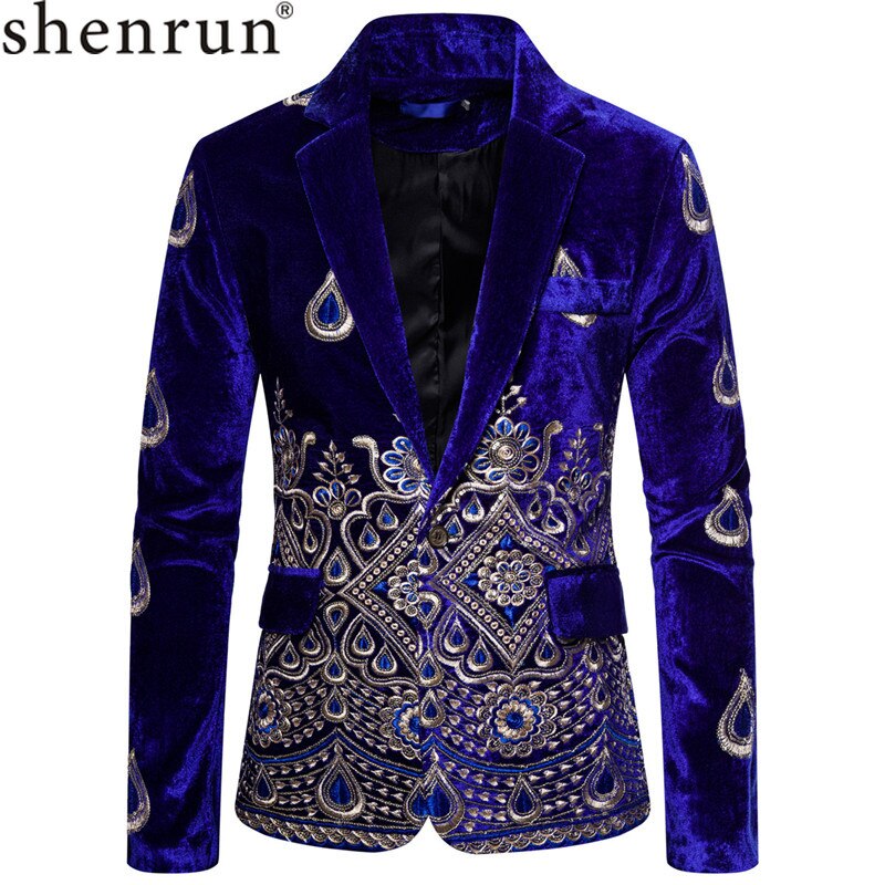 Shenrun Mannen Blazers Winter Jassen Fluwelen Mode Borduren Jasje Stadium Jurk Zanger Gastheer Muzikant Kostuum Zwart Blauw Rood