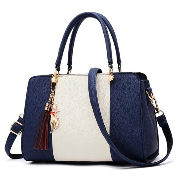 Yogodlns Patchwork Shoulder Bag - Women's Tassel Tote - PU Leather Crossbody Purse - Versatile Style: Dark Blue