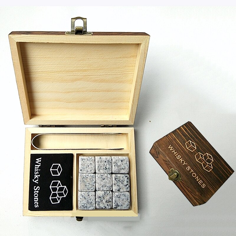 9Pcs Whisky Ice Stones with Wooden Box& Velvet Bag Wine Drinks Cooler Cubes Whisky Stone Granite Pouch Reusable Cubes Granite: Spot with box