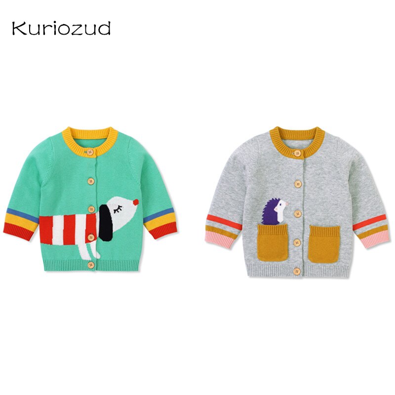 Top de punto para niña de 0 a 18M, chaqueta de cuello redondo de manga larga, blusa informal con estampado de erizo y perro de dibujos animados, Unisex