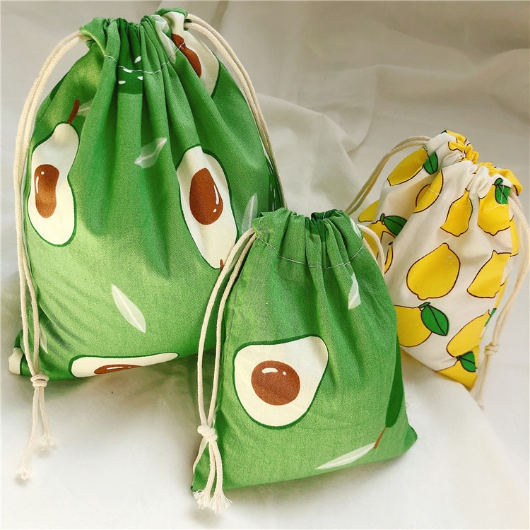 Portable Women Drawstring Bags Handmade Cotton Linen Ladies Storage Package Bag Avocado Small Travel Cloth Pouch