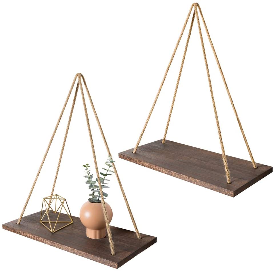 Træ væg hængende hylde swing hængende reb vægmonterede flydende hylder plante blomsterpotte træ rack indendørs udendørs dekoration: Brun