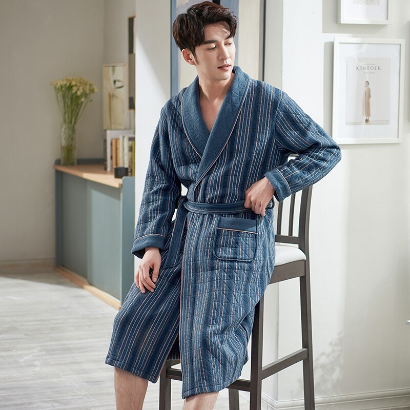 Robe à rayures en coton matelassé pour homme, peignoir d&#39;hiver, vêtements de maison, vêtements de nuit, lingerie, spa, M-3XL