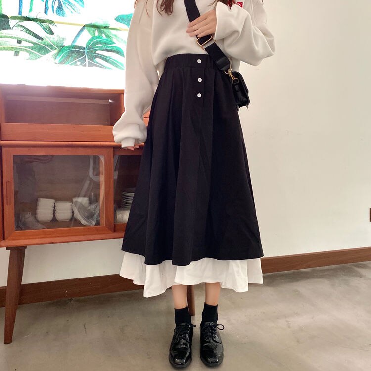 SK218 Ruffle Long Skirt - White | Black