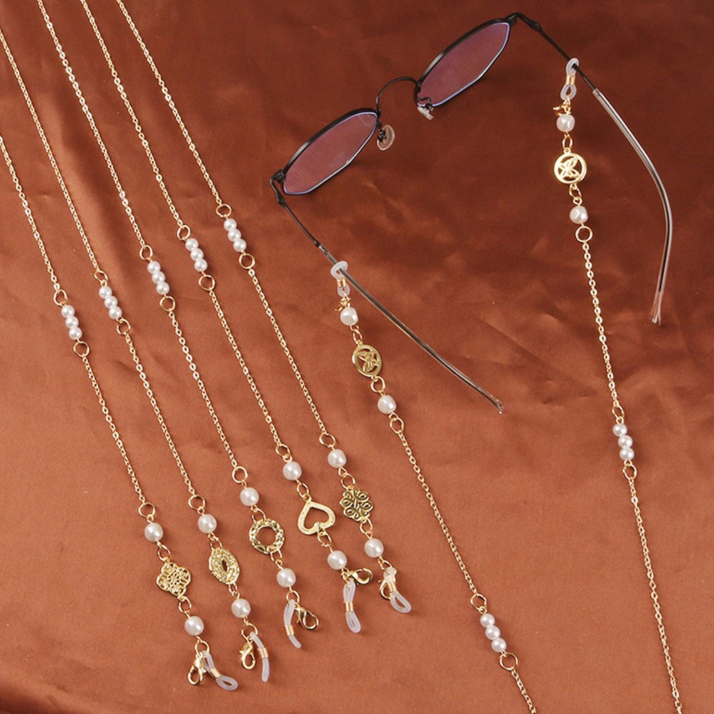 Elegante óculos de sol corrente para mulher pérola coração borboleta pingente anti-deslizamento óculos correntes cordão ouro pendurar pescoço eyewear encantos