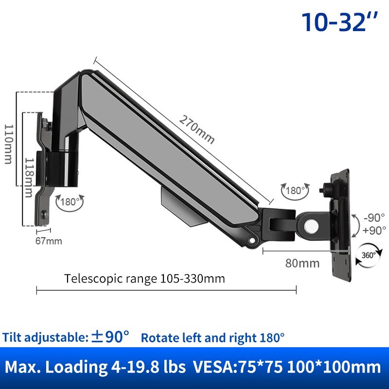 10"-32" Monitor Wall Mount Screen Aluminum Gas Spring Air Press Articulated Arm Soporte TV Bracket Holder PC Display Stand W31: W31B