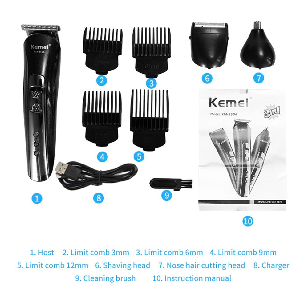 Kemei 3 in1 elektriske hårklippere mænds hårtrimmer næse skæg barbermaskine usb genopladelige hårklippere trådløs trimmer  km 1506