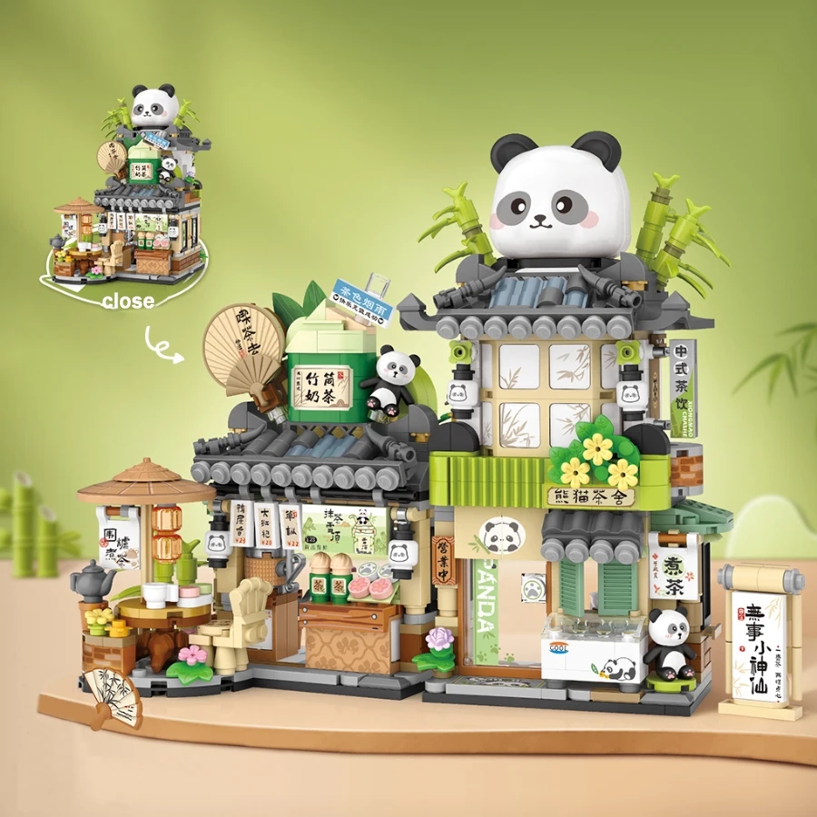 Serie Street View Building block Izakaya Ice Shop Takoyaki Shop Coffee Shop Panda Tea House modello regalo per bambini: Argento