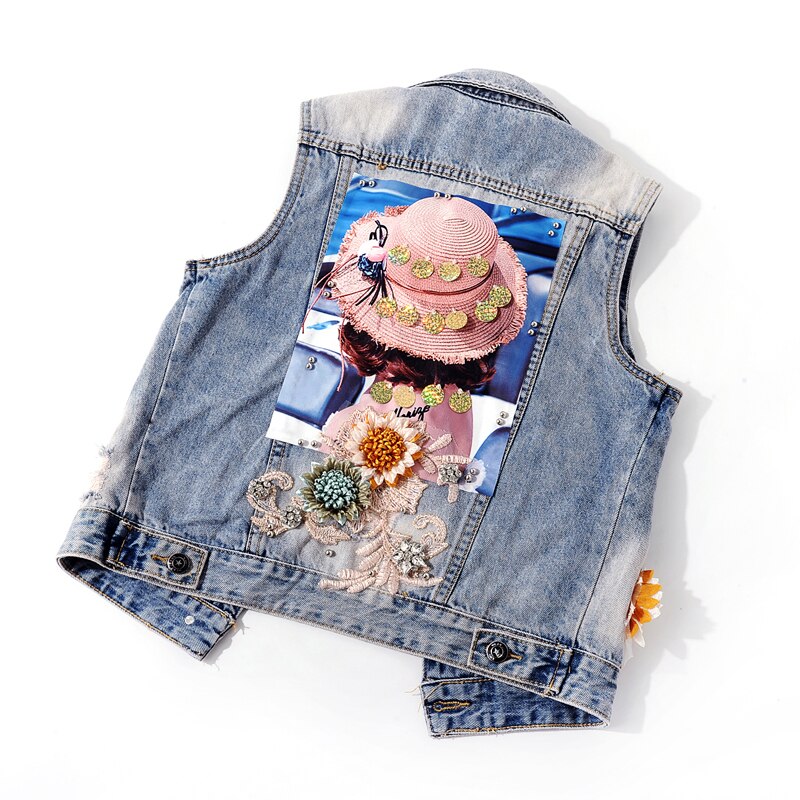 Gilet en jean sans manches pour femmes, décontracté, à la coréenne, avec perles et paillettes, modèle , JC229