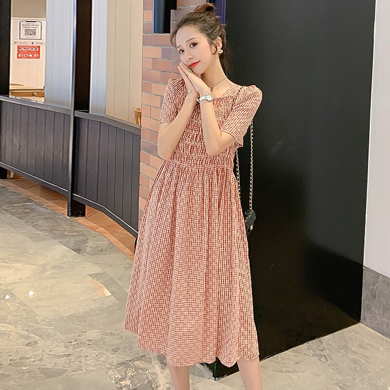 1865# Maternity Dress Summer elastic Cotton Short Sleeve Loose Stylish Dress for Pregnant Women Mom Dress: Red / L