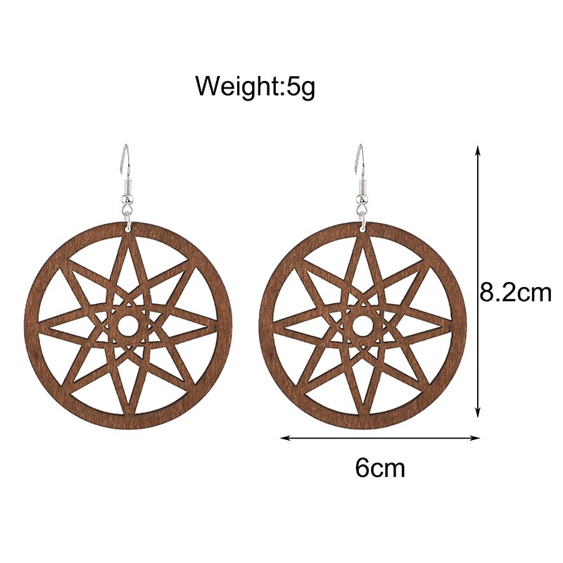 Retro Round Wood Earrings for Women Casual Original Hollow Eight-pointed Star Geometric Wooden Jewelry