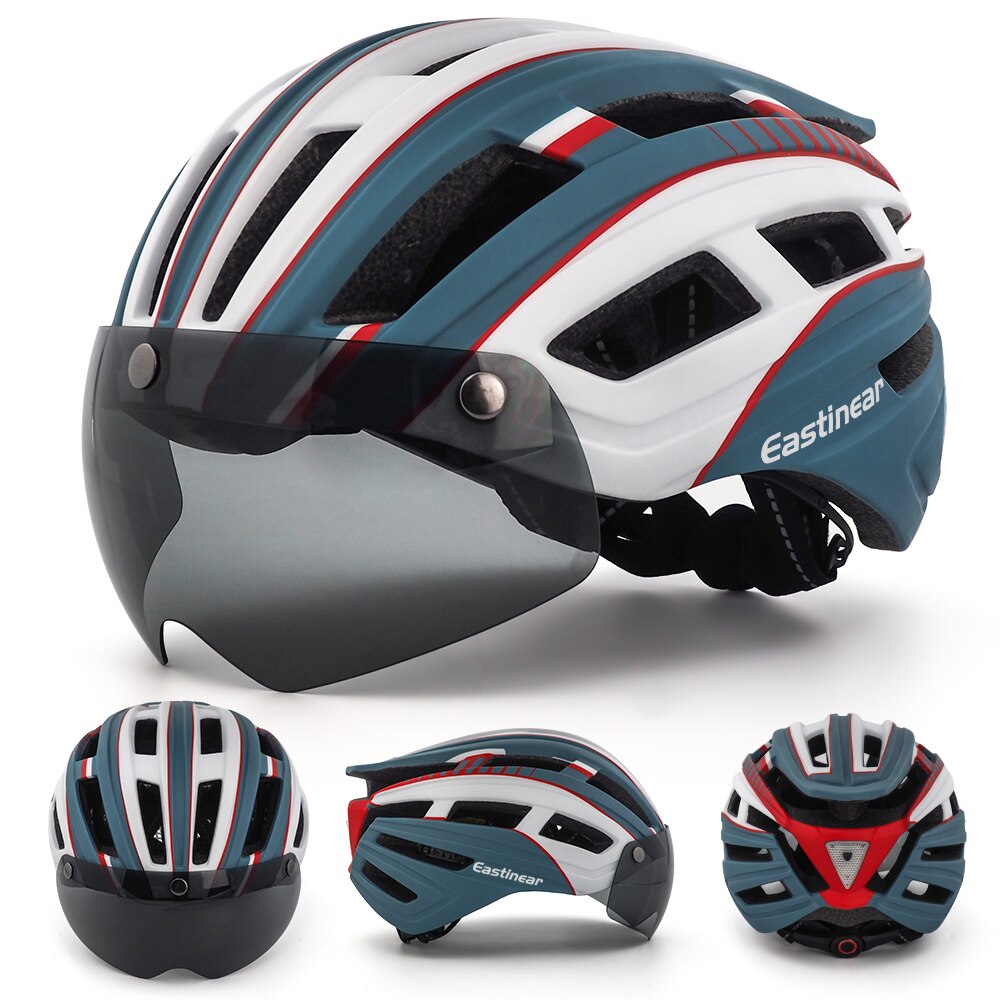 Fahrrad Helm Erwachsene Männer Frauen mit Magnetische Brille Sonnenblende Fahrrad Helm mit Hinten Led Licht Einstellbar für Rennrad radfahren: HT22-CyanWhite