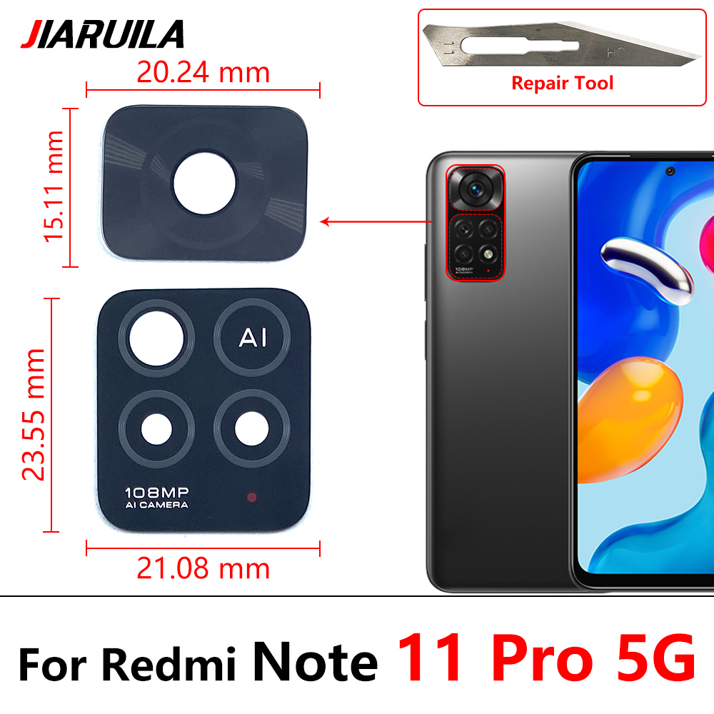 2 sztuki / partia ， Szklany obiektyw tylnego aparatu dla Xiaomi Redmi Note 10 10s Pro 11 Pro 11T 11s 11E 4G 5G z naklejką samoprzylepną: Black