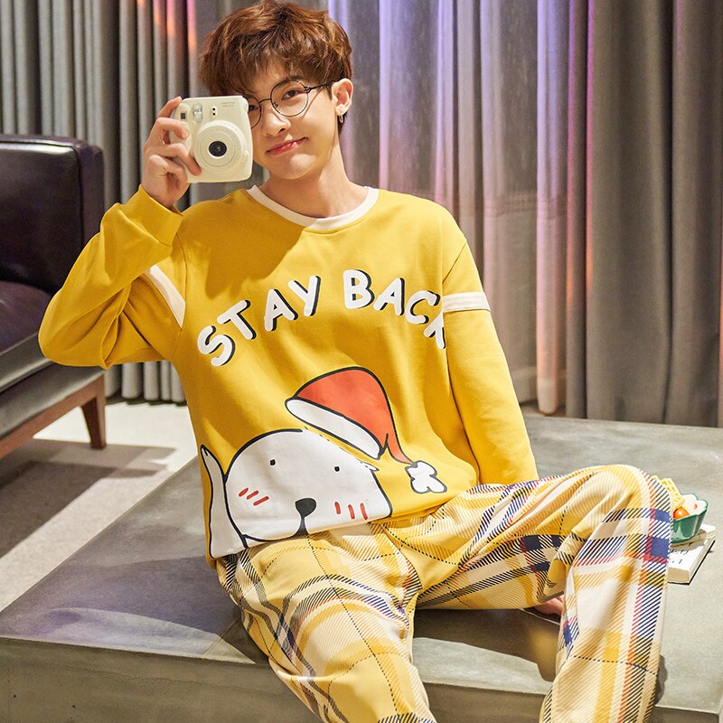 SONG Spring Autumn Pajama Sets For Men Pure Cotton Round Neck Long Sleeve Cute Cartoon Handsome Casual Home Wear Suit