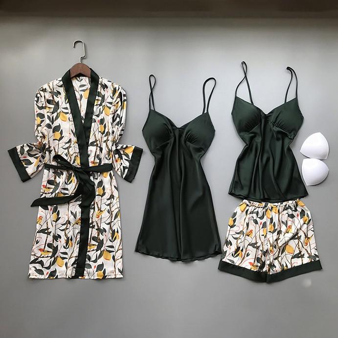 Lady Print Bloem Nighty & Robe Pak Nachtkleding Zijdeachtig Satijn Nachtkleding Kimono Badjas Gown Casual Nachtjapon Thuis Kleding: XL / Sky Blue