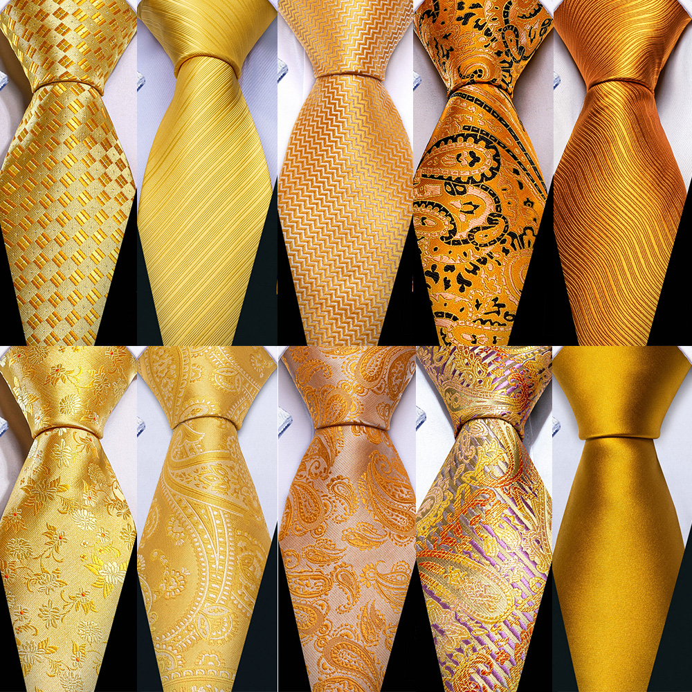Classic Gold Silk Men Necktie Stripe Handkerchief Cufflinks Set Wedding Male Ties Business Party Barry.Wang