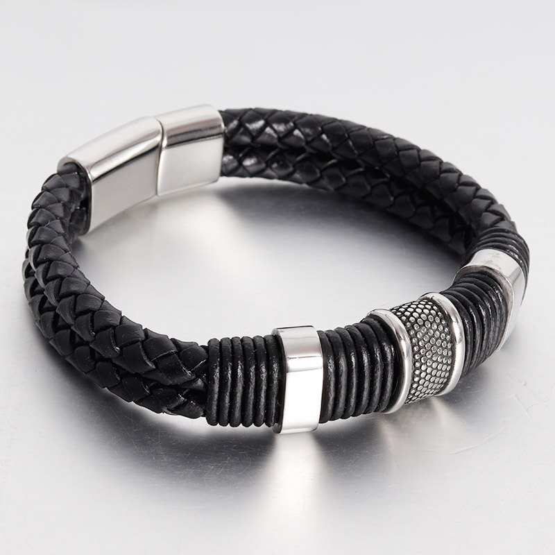 Pulseras de cuero trenzadas para hombre, pulsera de cadena de cuerda multicapa negra, cierre magnético de acero inoxidable, de joyería para hombre