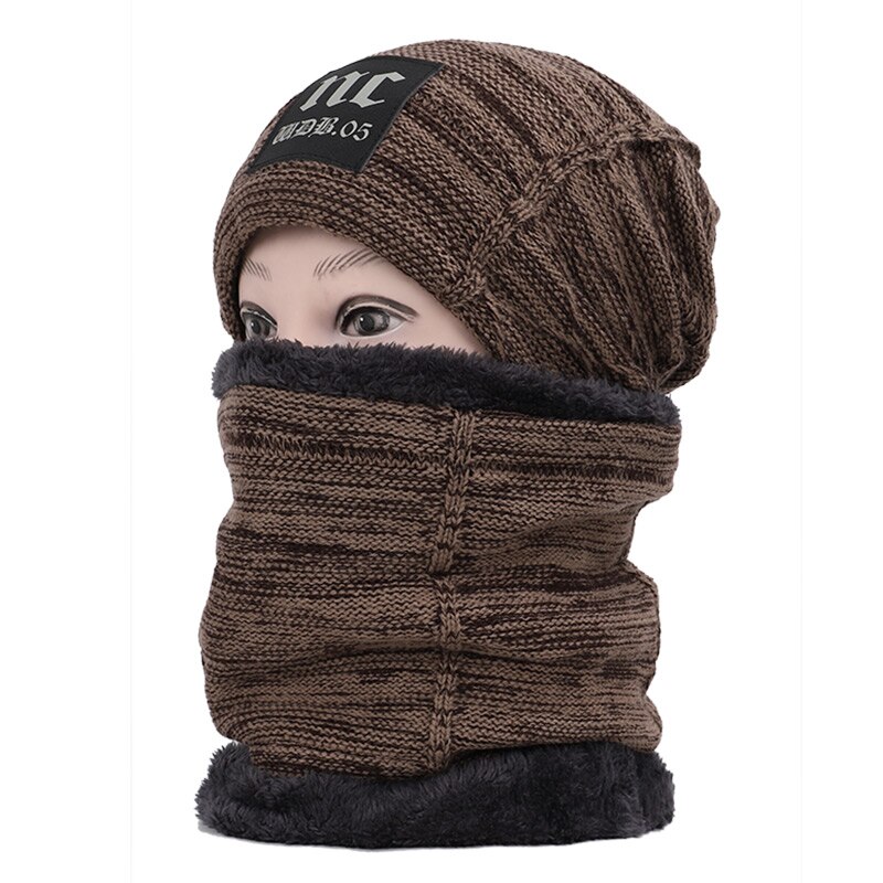 Nc label herr och dam bomullsmössa scarf kostym herr vintermössa scarf 2 delar set plus sammet tjock utomhus varm mössa: Kaki