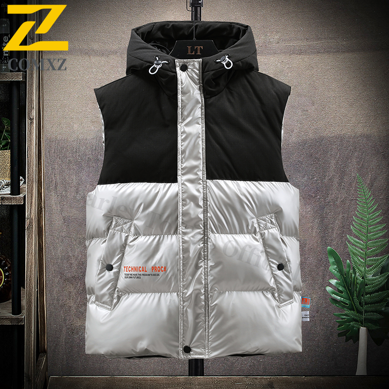 Autumn Winter Men Hooded Cotton Vest Korean Style Trend Thickened Sleeveless Coat Waterproof Windproof Suitable Camping Fishing: M / Silver