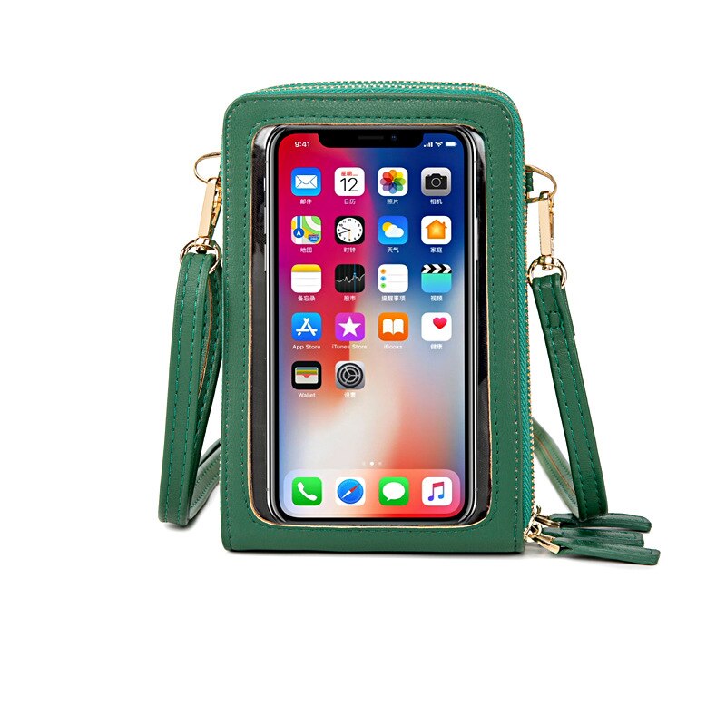 Transparent Touchable Cell Phone Pocket Women's Shoulder Bag Pu Leather Ladies Crossbody Bags Female Small Handbag Purse: Green