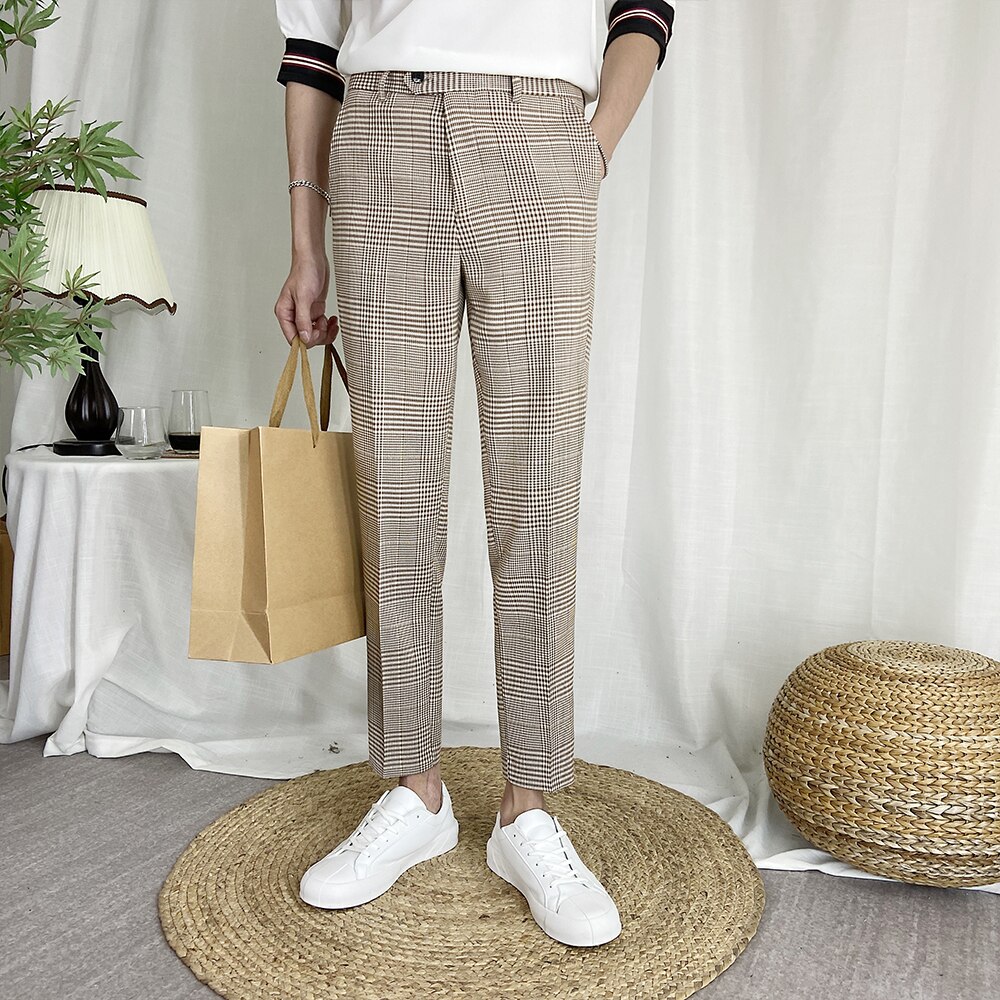 Koreanske menn rutete dressbukser formell forretningskjolebukser uformelle slanke bryllupsbukser kontor sosial streetwear klær