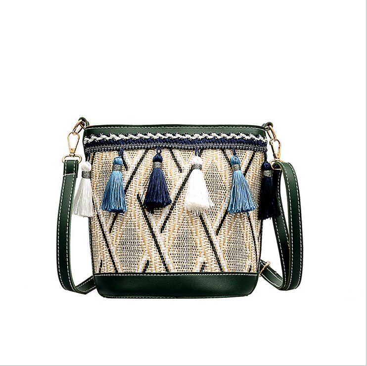 Bohemian Woven Handbag Straw Rattan Wicker Sling Bag Beach Casual Clutch: Green