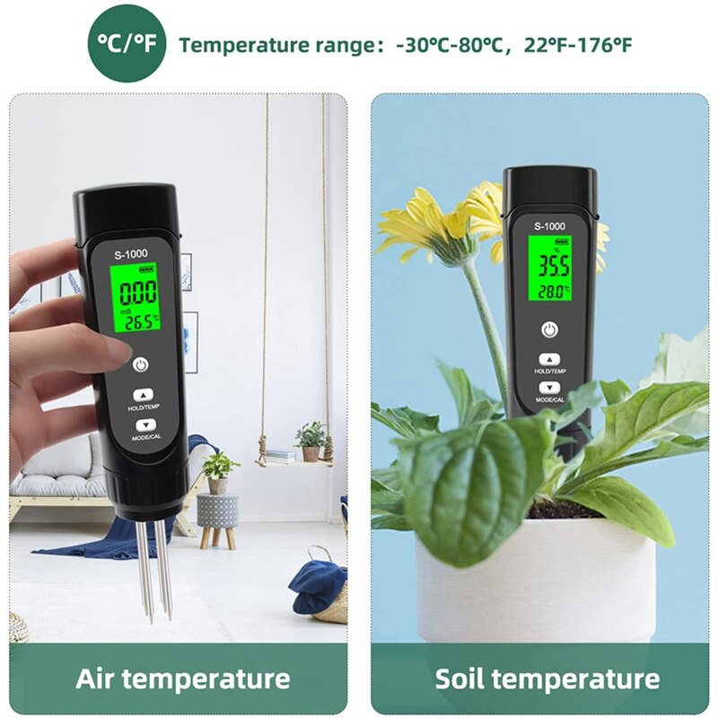 Soil EC Meter 3-In-1 Multipurpose Moisture Tester With ATC Great For Garden, Lawn, Farm, Indoor &amp; Outdoor Use
