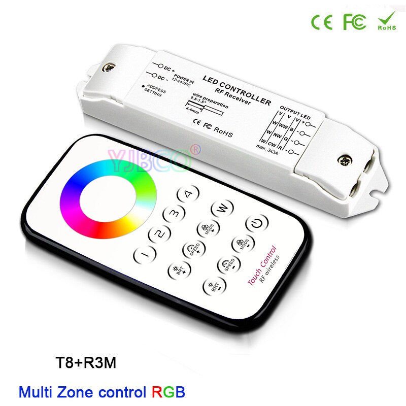 BC Multi Zone control led dimming/CCT/RGB Max 3*3A RF wireless remote + Receiver controller for LED Strip Light,DC12V-24V