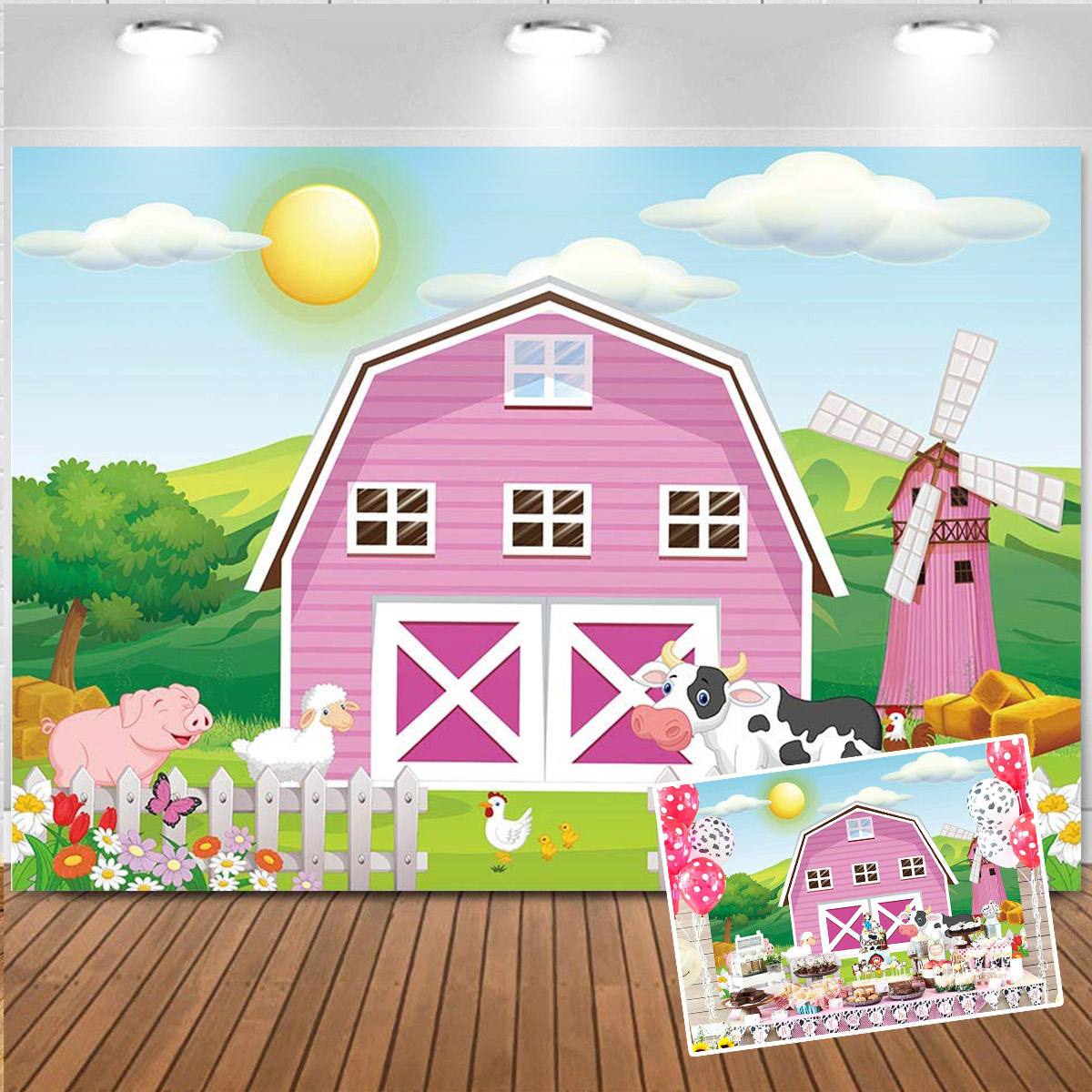 Sunshine Farm Theme Photography Backdrop Pink Barn Animals Barnyard House Kids Birthday Background Photo Studio Supplies