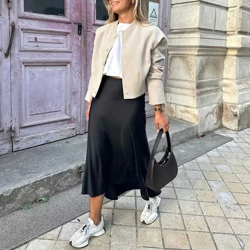 ONKOGENE Satin Midi Frauen Rock Mittlere Taille Falten Dame Rock 2024 Frühling Sommer Neue Elegante Casual Büro Frauen Kleidung