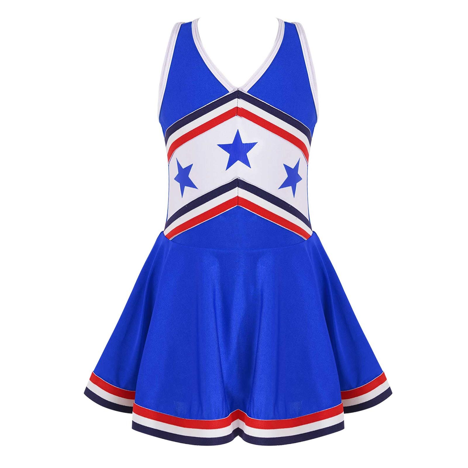 Uniforme de animadora para niños y niñas, traje de baile sin mangas, escote en V, correas dobles, espalda cruzada, estampado de estrellas: Blue / 8