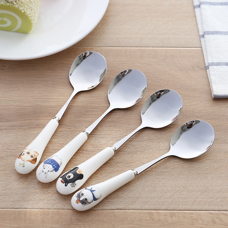 Stainless Steel Ceramic Spoon White Portable Pudding Dessert Fruit Spoons Household Cartoon Children's Soup Rice Spoon