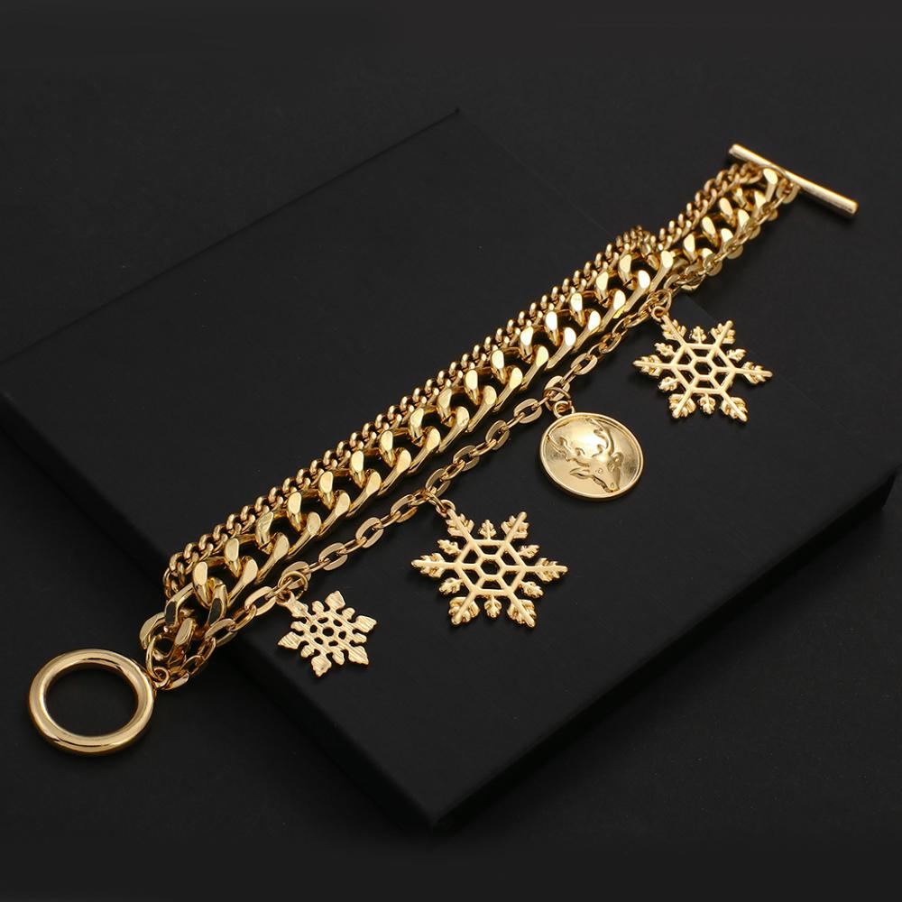 Flashbuy Christmas Gold Color Chain Bracelet Personality Snowflake Elk Multilayer Charms Bracelets For Women Accessories